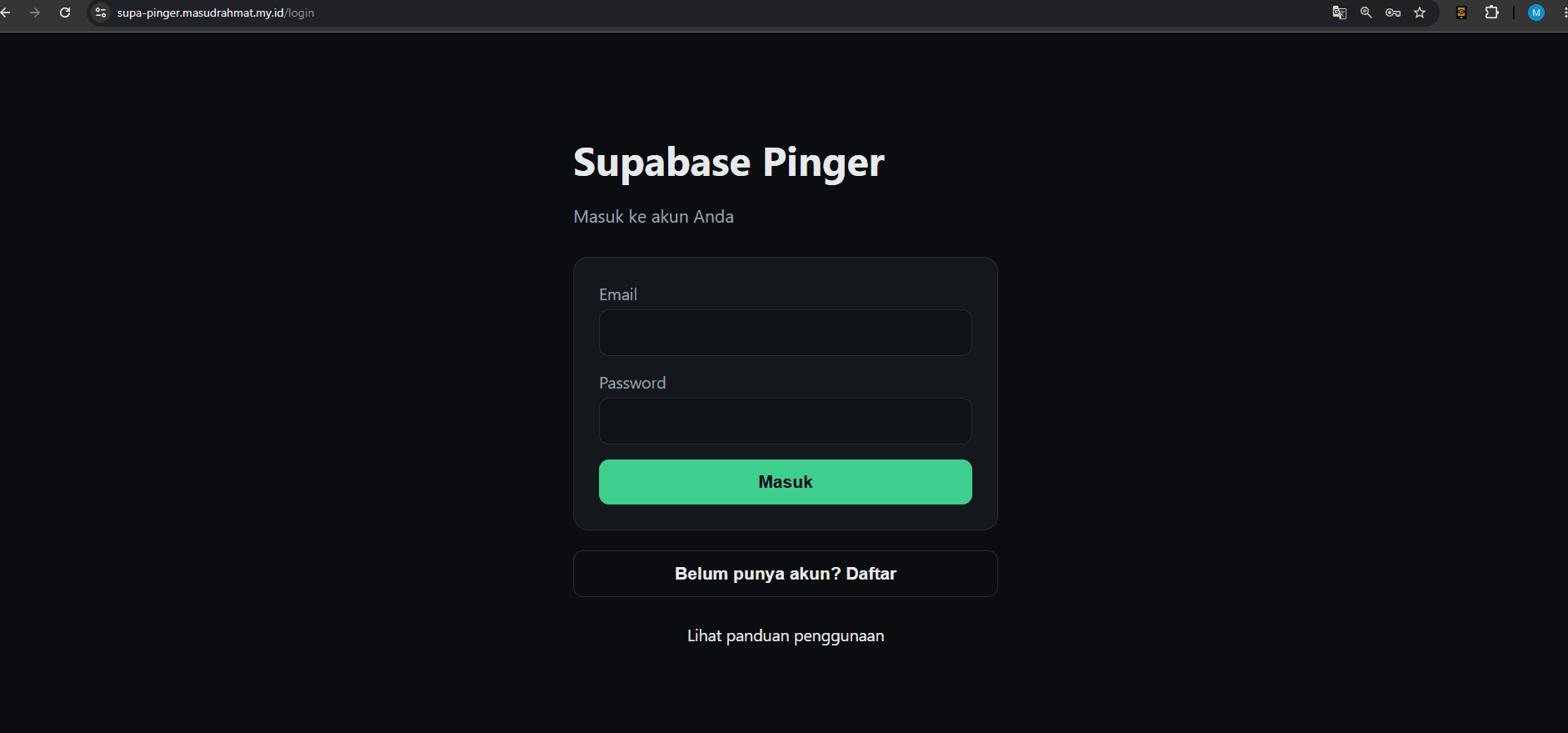 Halaman login Supabase Pinger