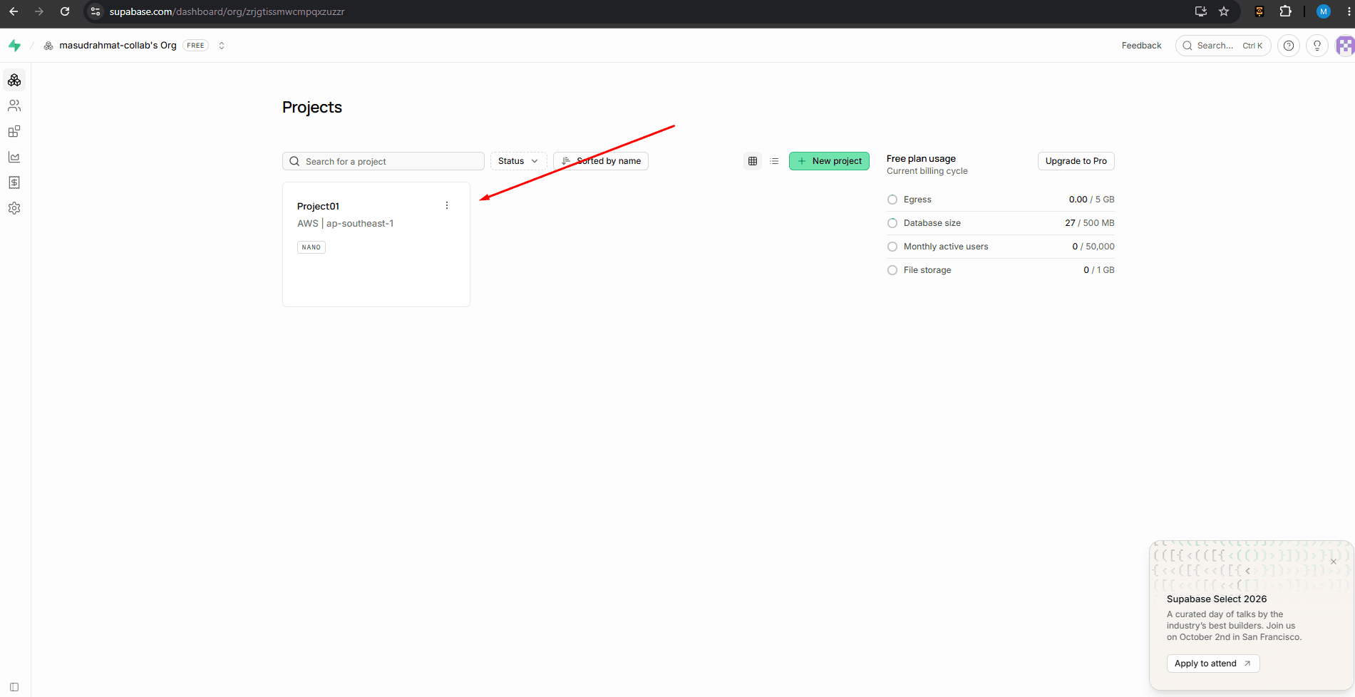 Supabase Dashboard dengan daftar project