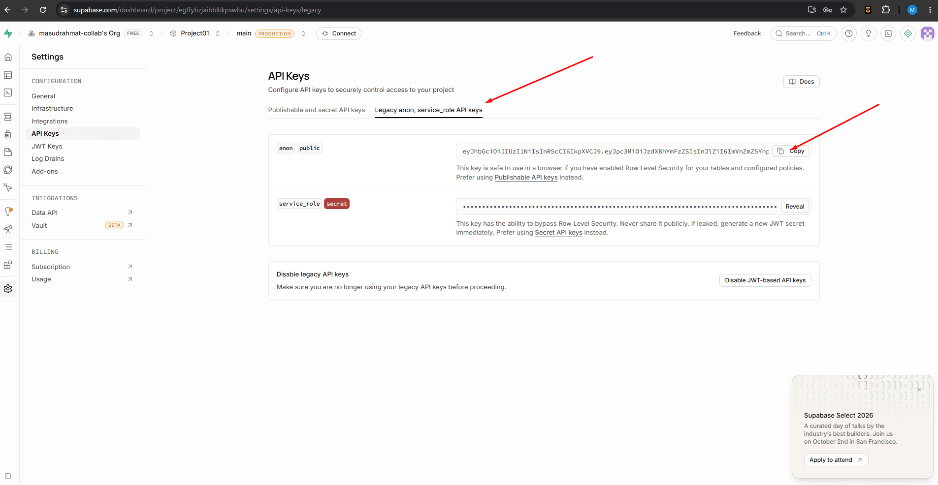 Lokasi anon public key pada Supabase API settings