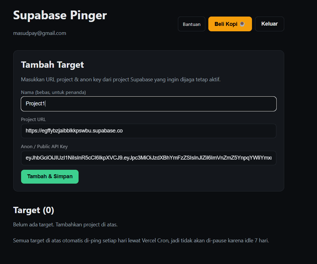 Form Tambah Target pada dashboard Supabase Pinger